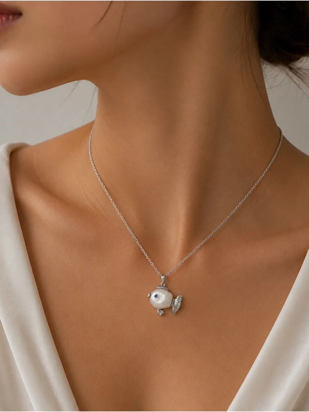 Anthropologie Pearl Fish Pendant Necklace - Silver Tone with White Pearl
